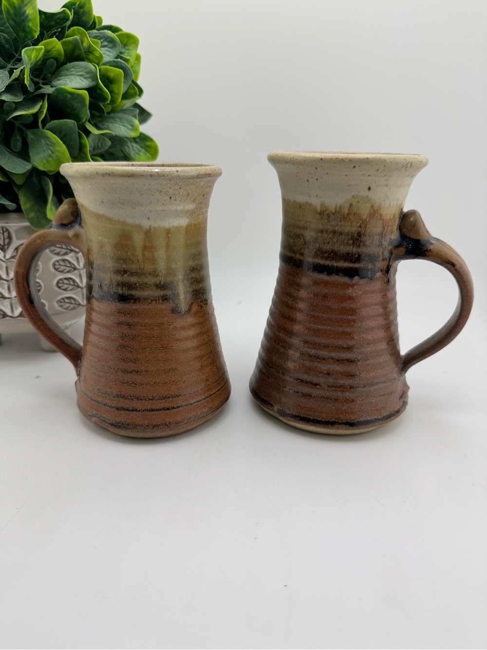 Handmade Studio Pottery Mugs Set of 2 Rustic Brown Drip Glaze Coffee Cups Boho